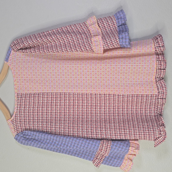 Hunkon Colorful Patchwork V-Neck Blouse With Ruffle Detail At Sleeve Size Xs - Picture 7 of 7